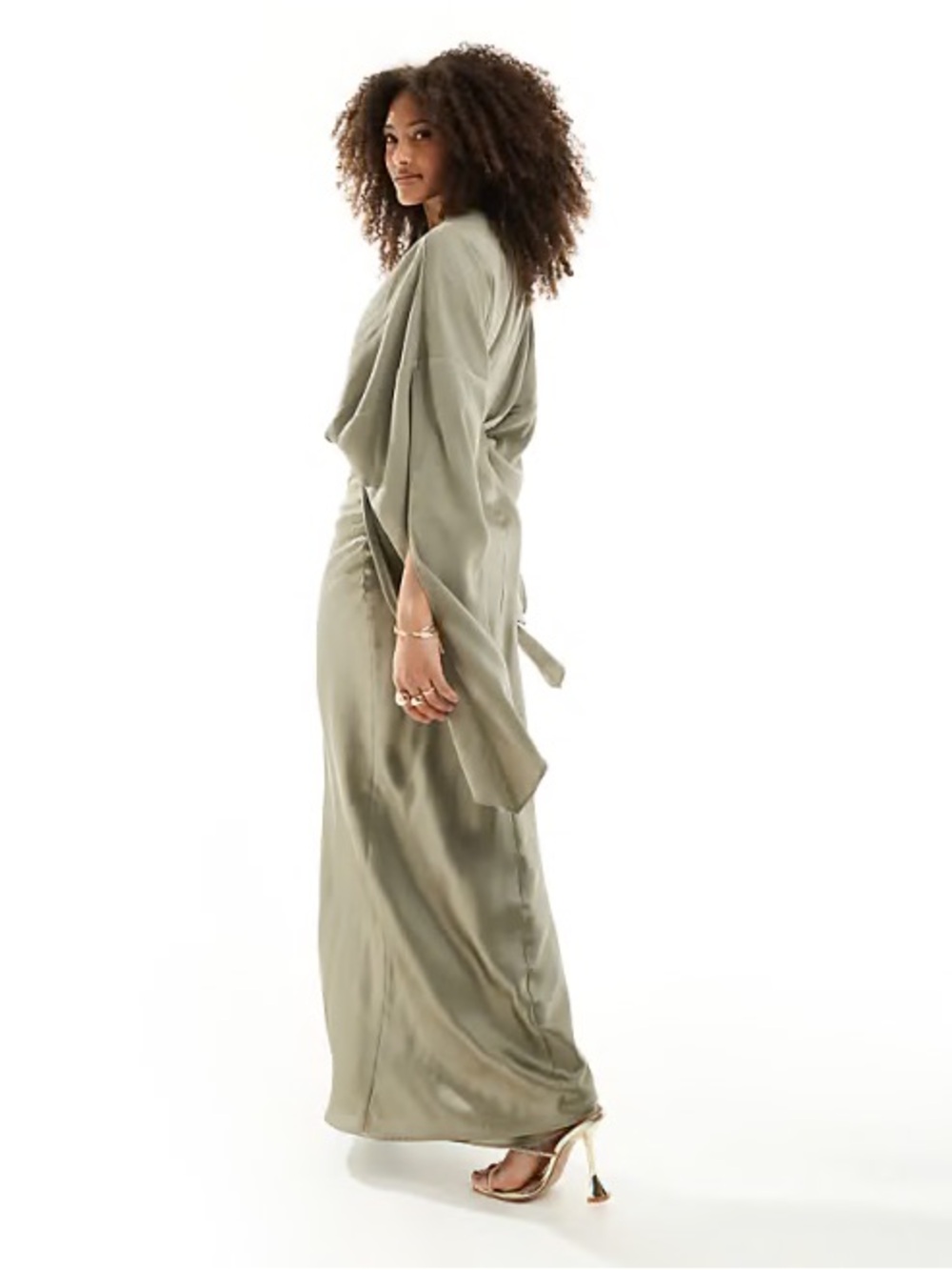 ASOS Satin Long Sleeve Tie Detail Green Maxi Dress NWT F5
